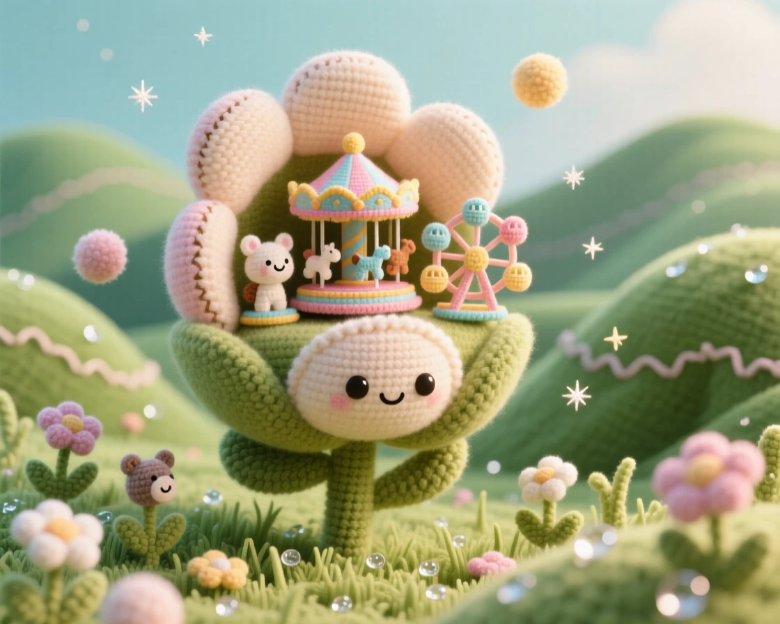 a miniature fair built inside a giant flower bud, with tiny spinning rides, nestled in a dew-covered meadow, floating gently above a quiet valley, with a scattering of stardust in the air, evoking a dreamlike, storybook charm.