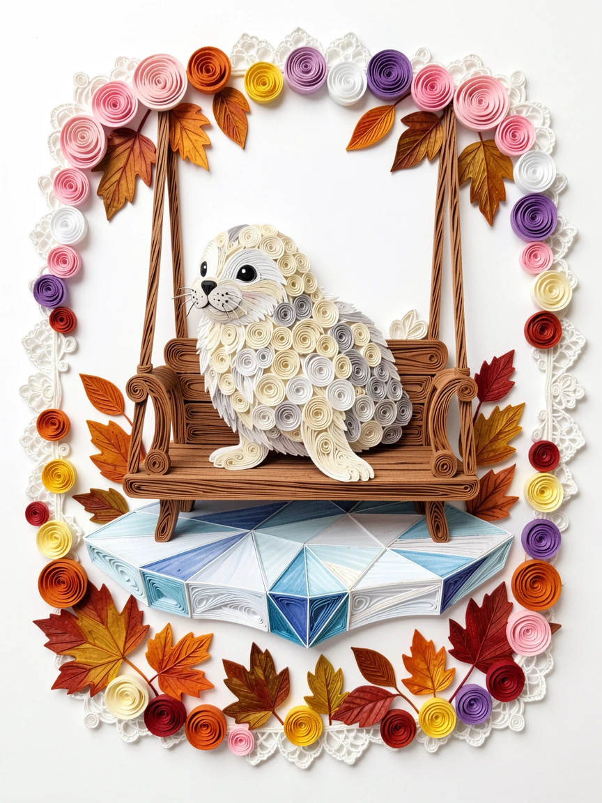a fluffy baby seal balancing on an ice floe, on a porch swing surrounded by autumn leaves, surrounded by a loose border of small flowers, with delicate lace-like texture along the edges.
