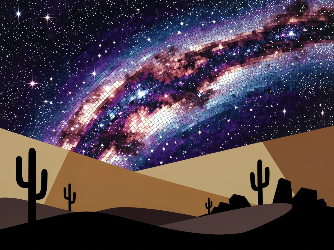 A dramatic close view of the Milky Way arching brilliantly over a silhouetted desert landscape, glowing with rich cosmic color.