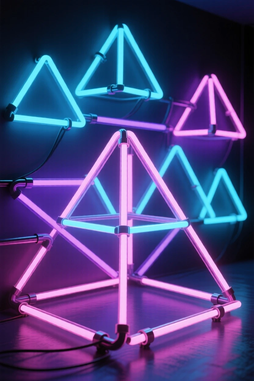 A network of interconnected pyramids rising from a flat plane.