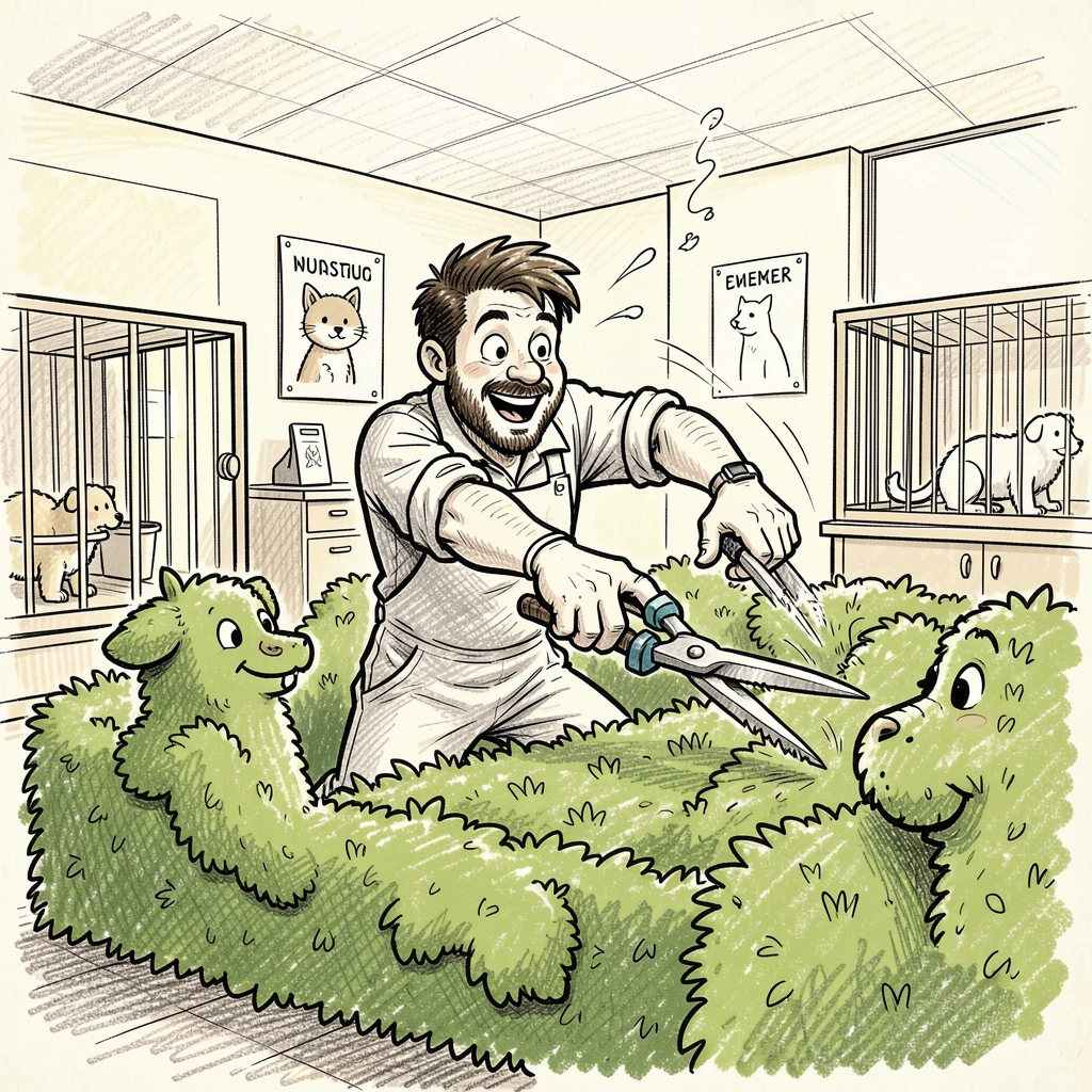 A gardener trimming hedges into fun shapes in a bright veterinary clinic.