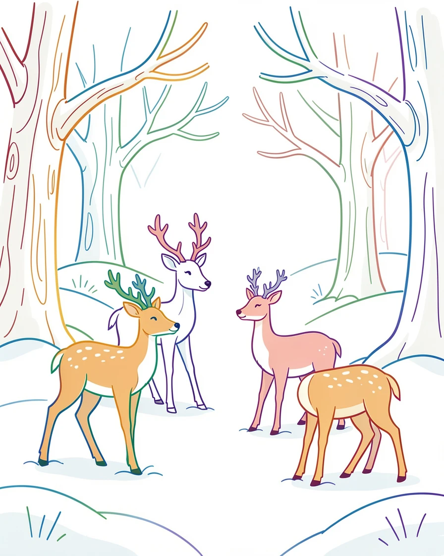 A winter forest clearing with a family of deer standing in fresh snow.