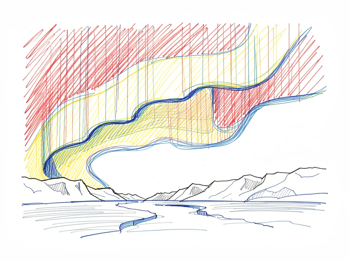 A colorful aurora curtain rippling above a frozen Arctic landscape