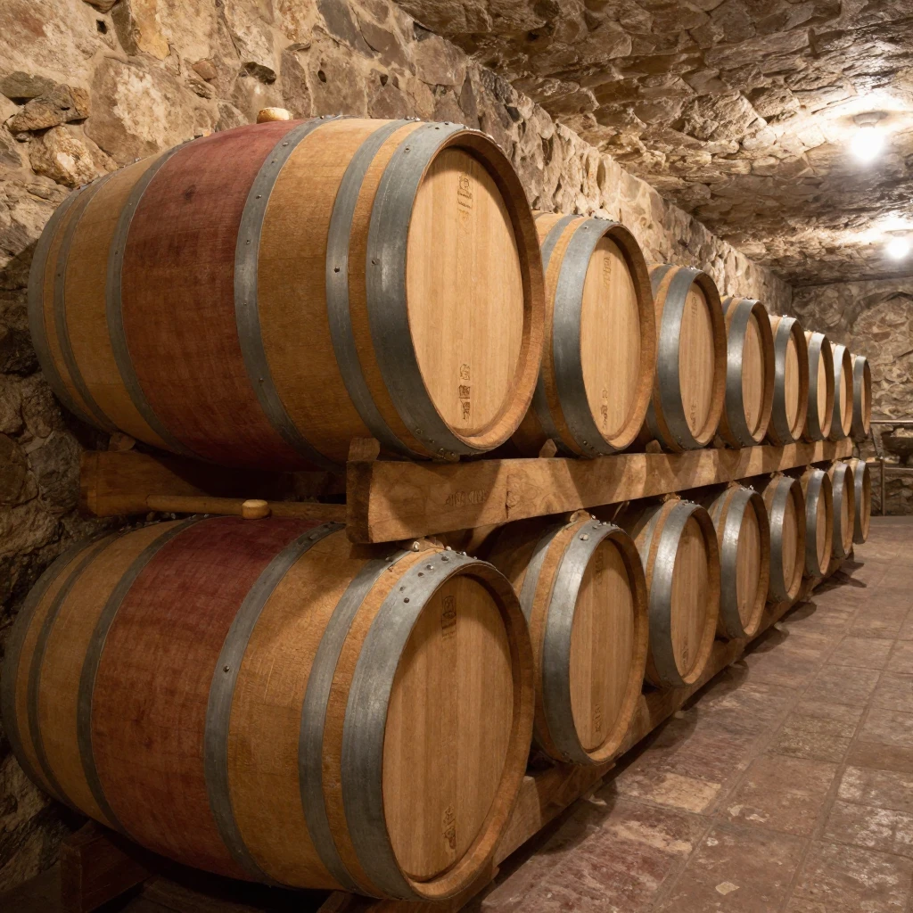A row of wine barrels stacked in a stone cellar