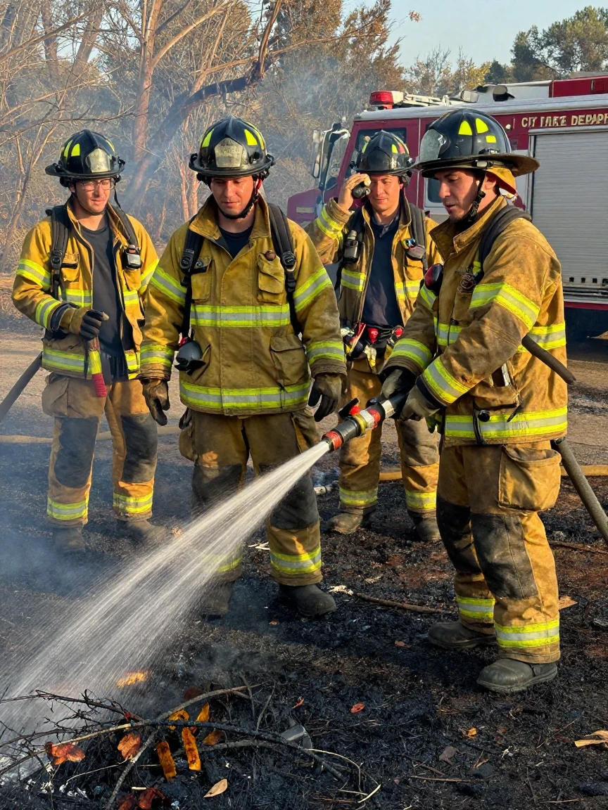 A team of firefighters hoses down the last embers of a contained brush fire.