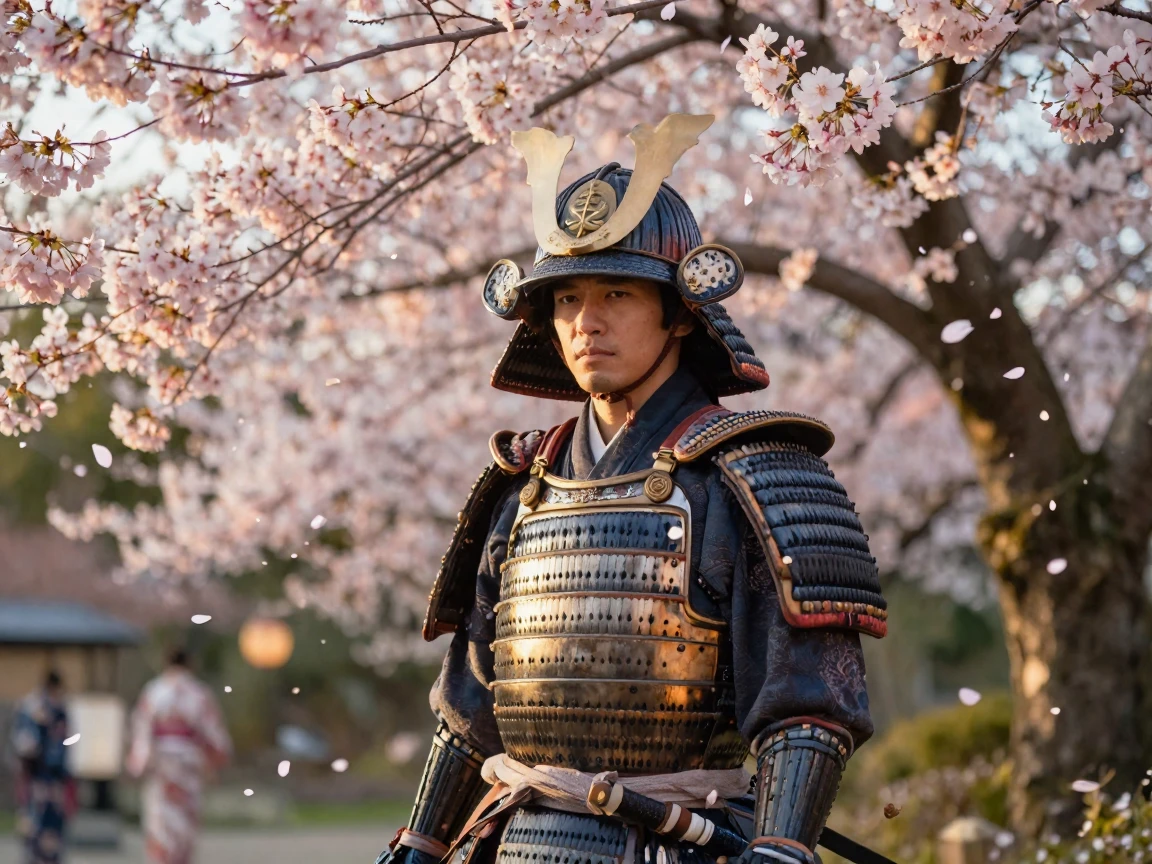 A samurai standing in full armor beneath blooming cherry blossoms