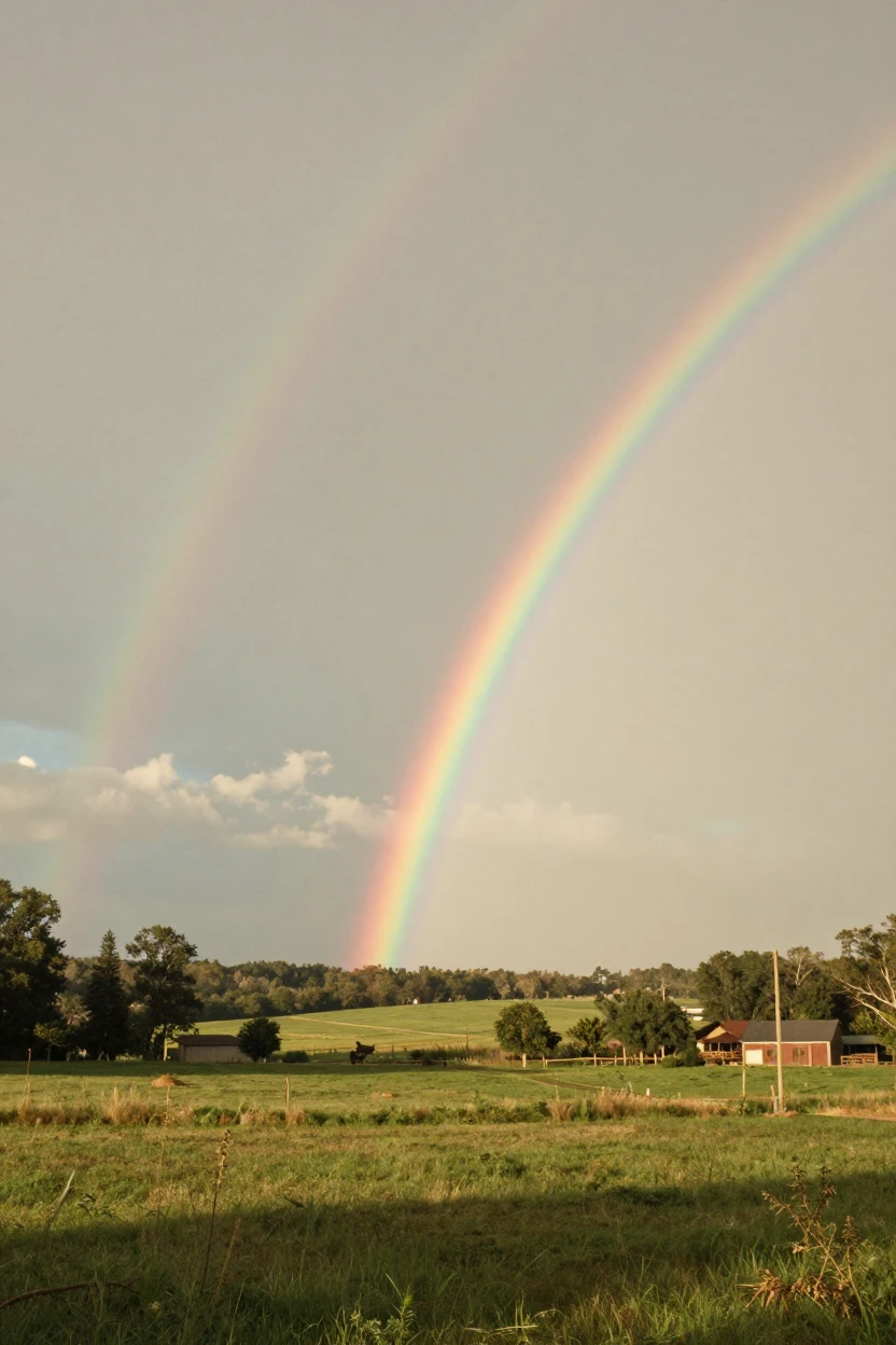 A double rainbow arcing over a quiet green valley after a storm, in low lamplight, under scattered clouds, during the long days of summer, with a soft sepia-tinted glow, from a wide establishing view.