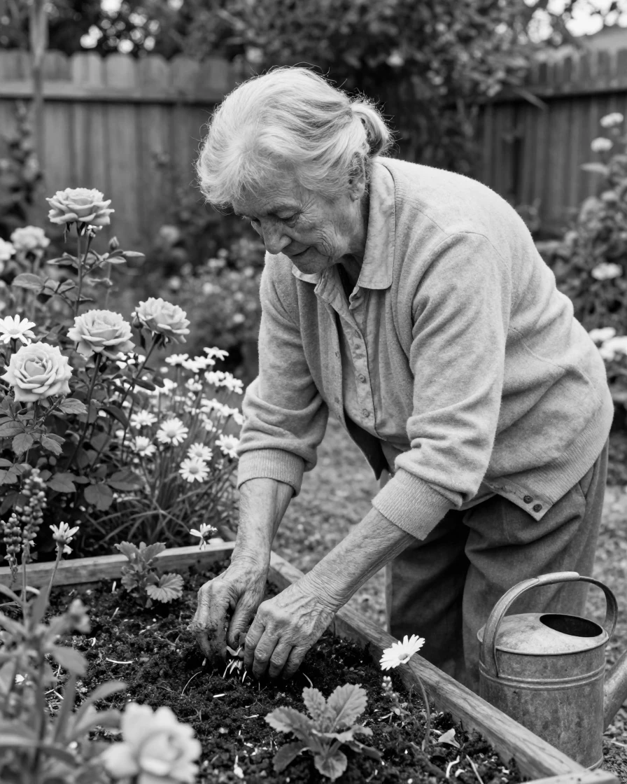 An elderly widow tends a small vegetable patch beside a blooming garden.
