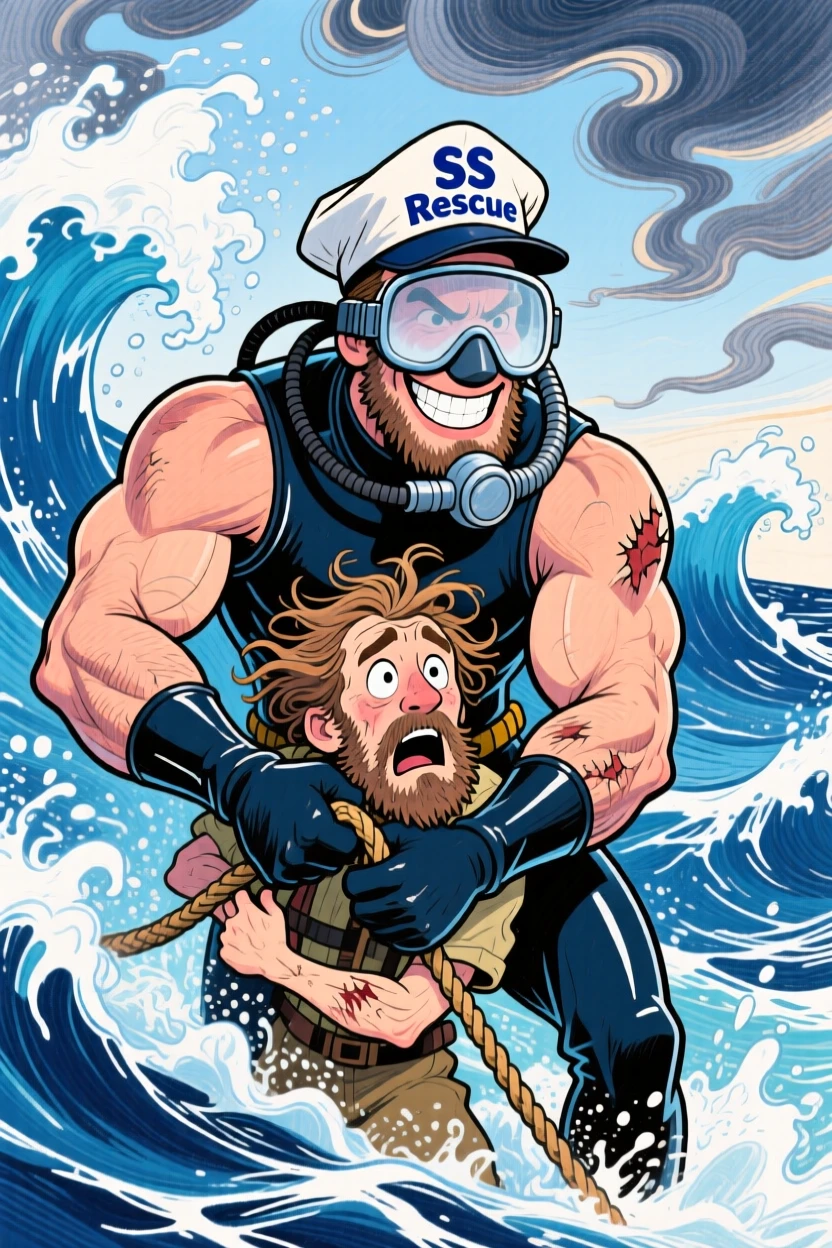 A daring rescue diver pulling a stranded sailor from turbulent ocean waves.