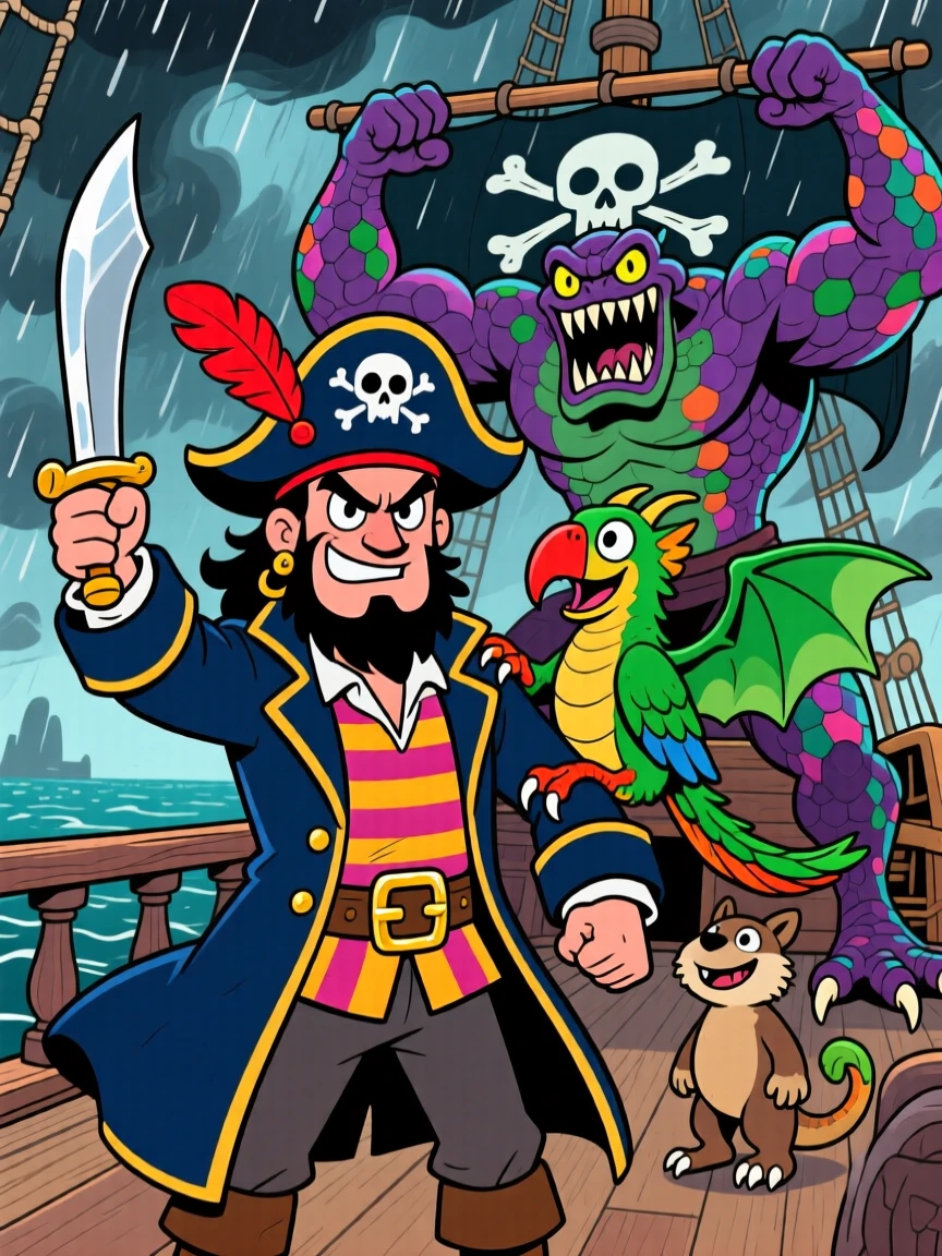An imaginative fantasy scene of a bold pirate captain facing down a mighty foe with fearless determination, with a loyal companion creature close behind.