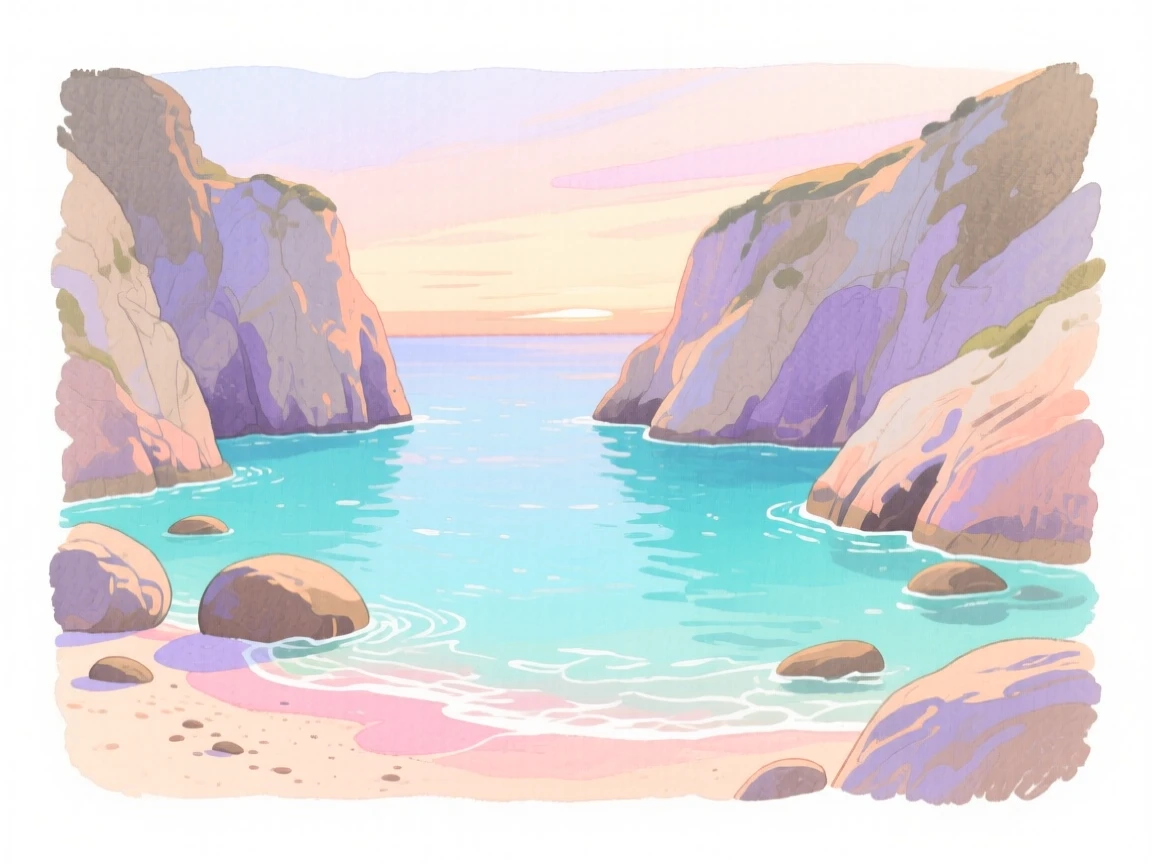A serene landscape of a hidden cove with crystal-clear turquoise water under a pastel dawn sky