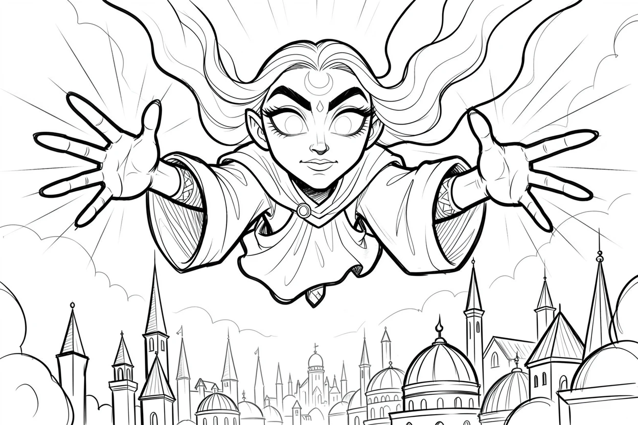 [Fantasy & Imaginative Scenarios] Imaginative fantasy scene of an ancient celestial guardian soaring above an ancient enchanted city, brimming with wonder