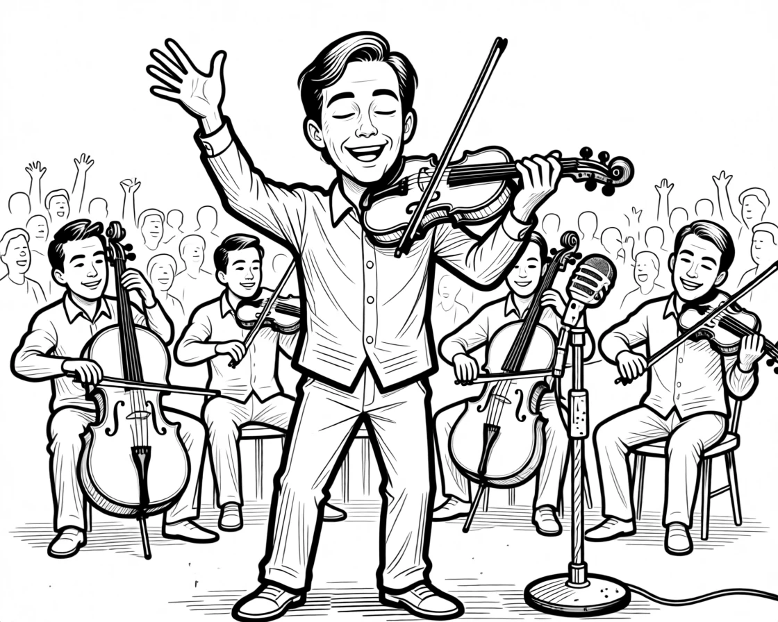 A street violinist playing with eyes closed in pure joy, throwing hands up as the crowd erupts in cheers, set in an intimate string quartet setting. A worn microphone stand tilts slightly from the energy. The image feels like the exact instant a song becomes unforgettable.
