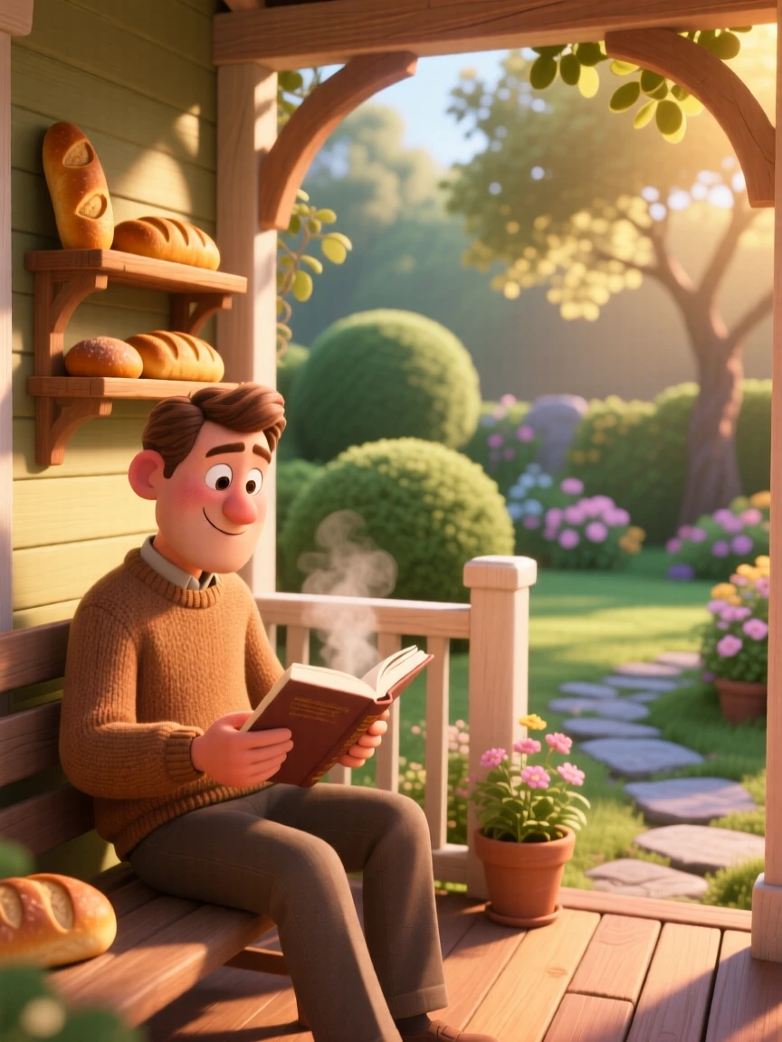 A commuter reading a book on a quiet train is captured on a porch overlooking a quiet garden, with fresh bread cooling on a nearby rack. A simple contentment radiates through the scene.