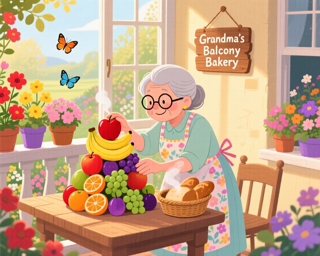In a flower-filled balcony, a grandmother knitting by the window is busy arranging fruit into a colorful pyramid, with the smell of fresh bread drifting through the air.