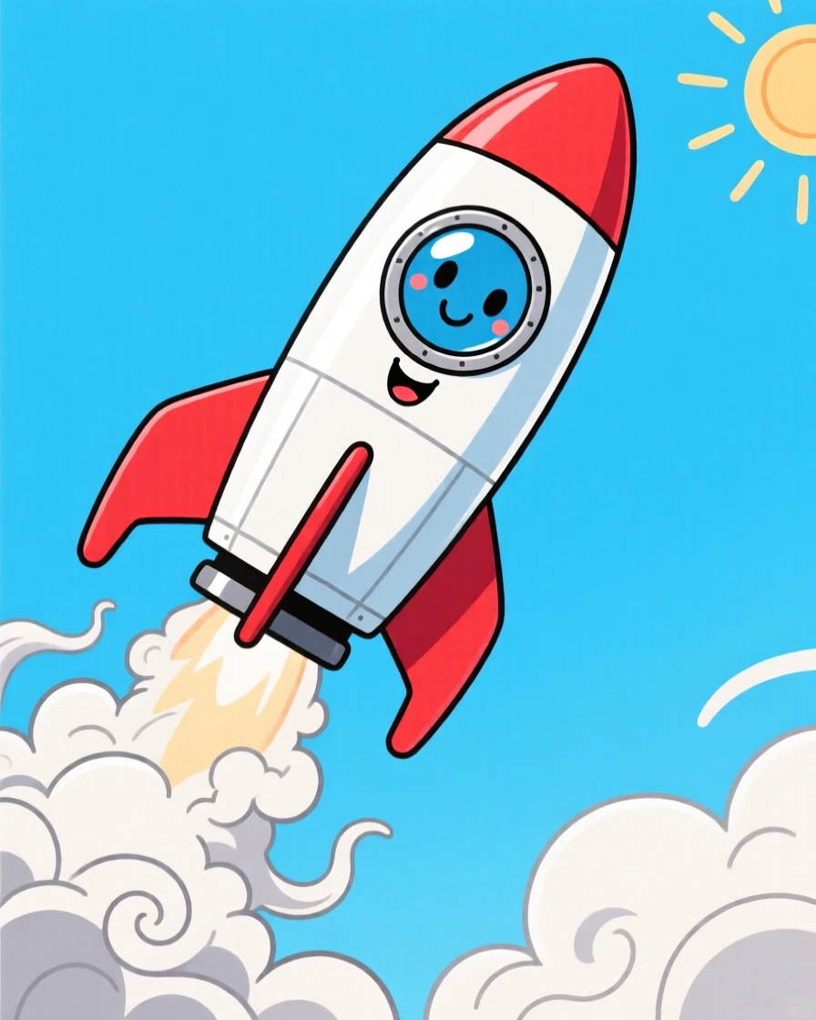 A rocket launching into a clear blue sky trailing white smoke.