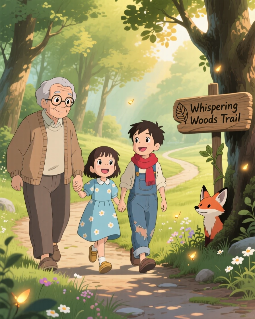 Grandparents walking hand in hand with their grandchildren, the scene quietly joyful.