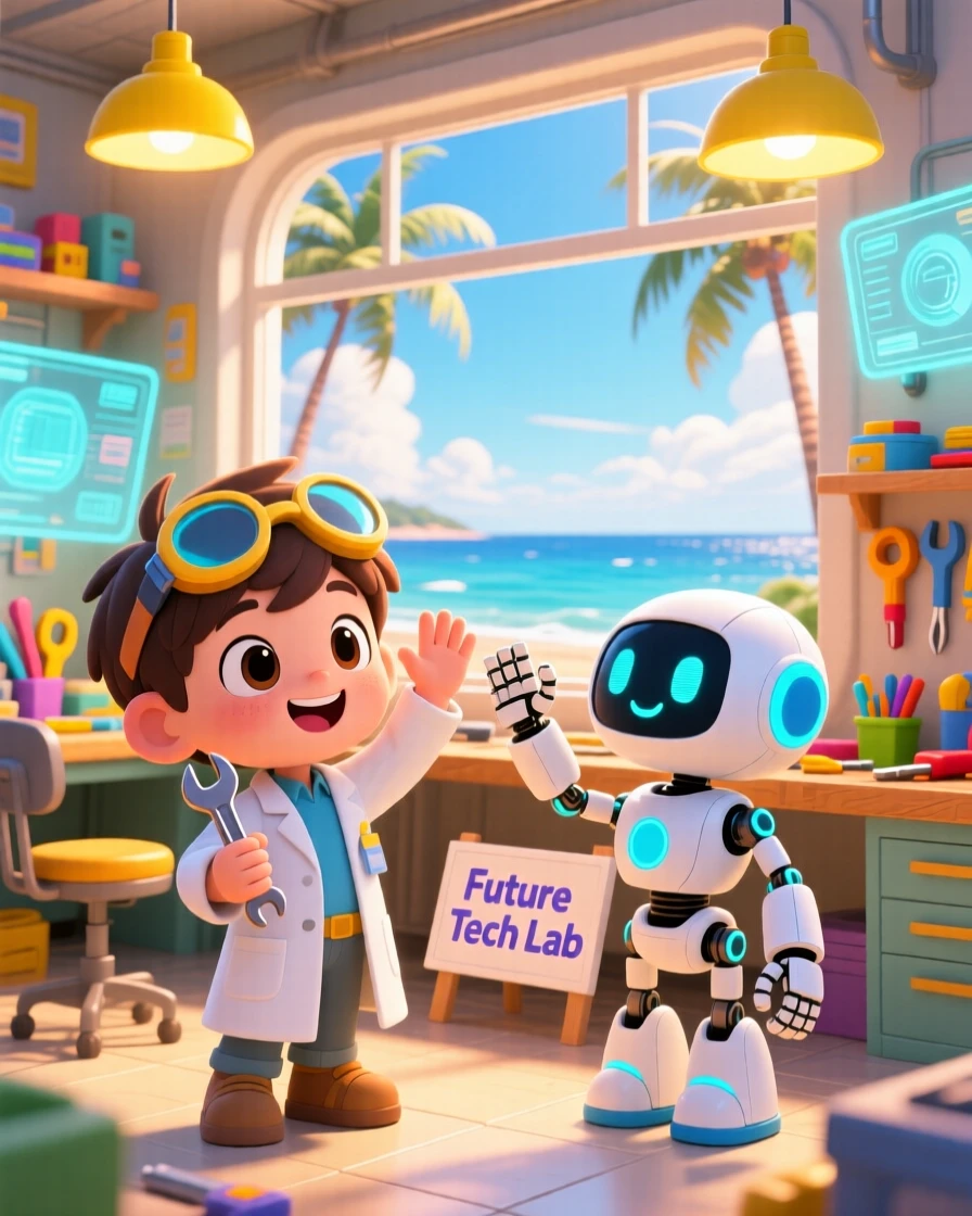 Dynamic diagonal composition: a child engineer, high-fiving a friendly helper robot, set against a bright futuristic workshop on a breezy coastal afternoon, with warm lamplight and a mood of giggling amusement.