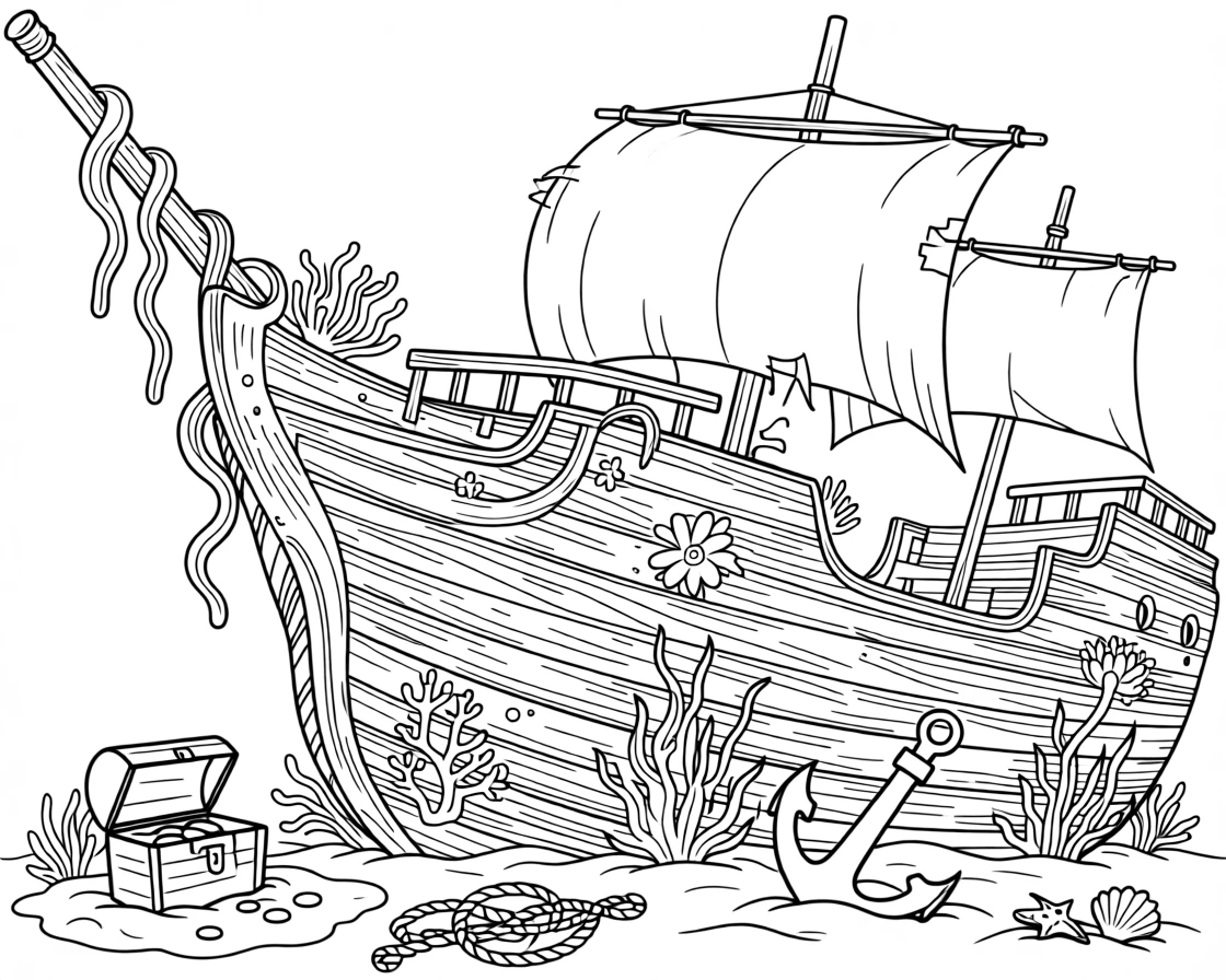 A sunken pirate ship covered in coral and seaweed, with barnacles and anemones clinging to every surface.