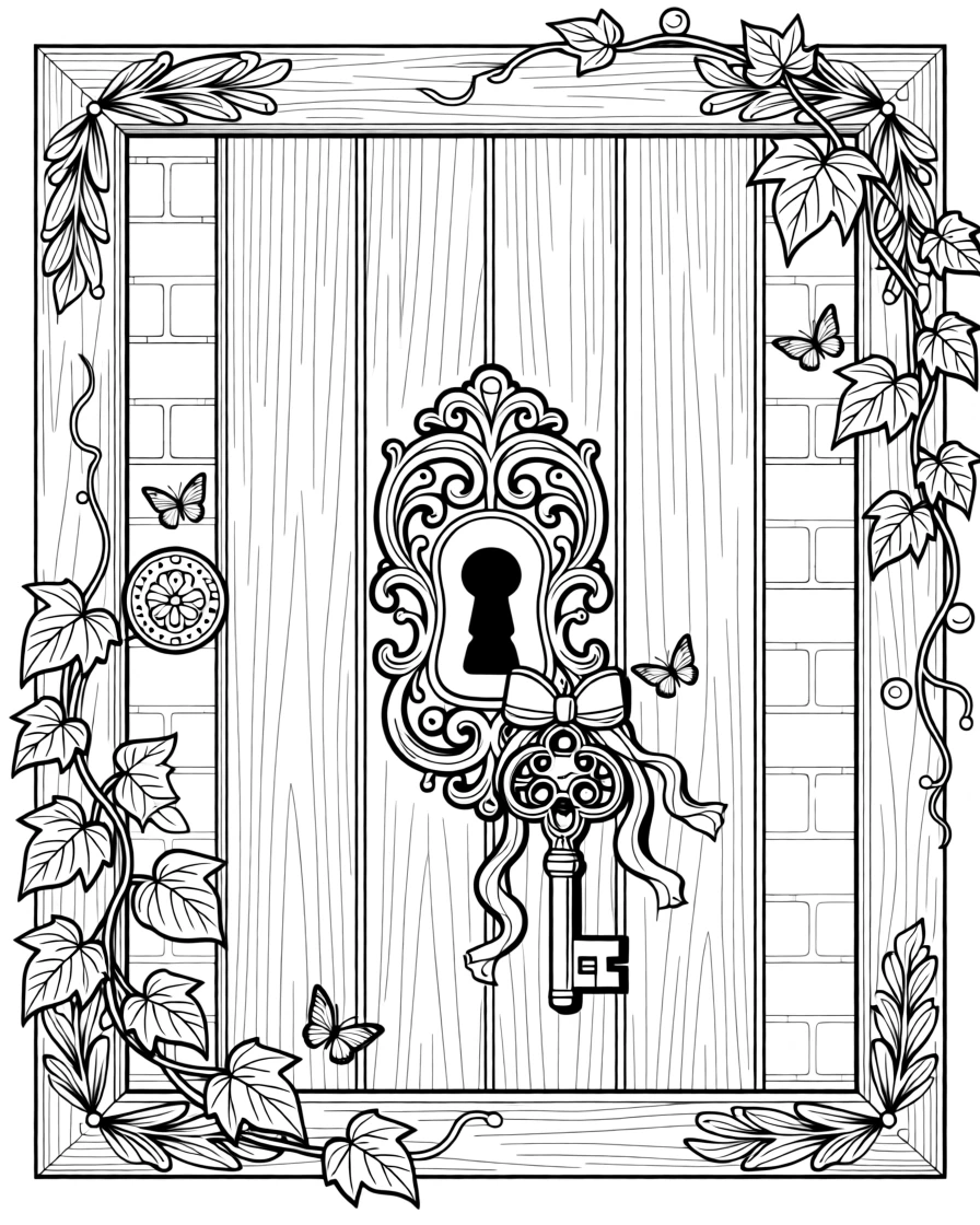 A key hanging from a ribbon beside an ornate keyhole in a wooden door.