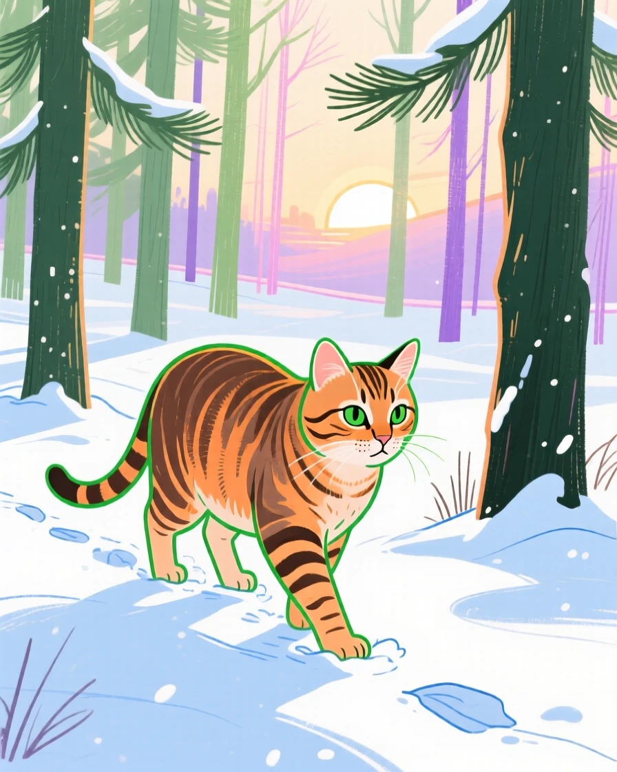 A tabby cat exploring in a snowy pine forest at sunrise.