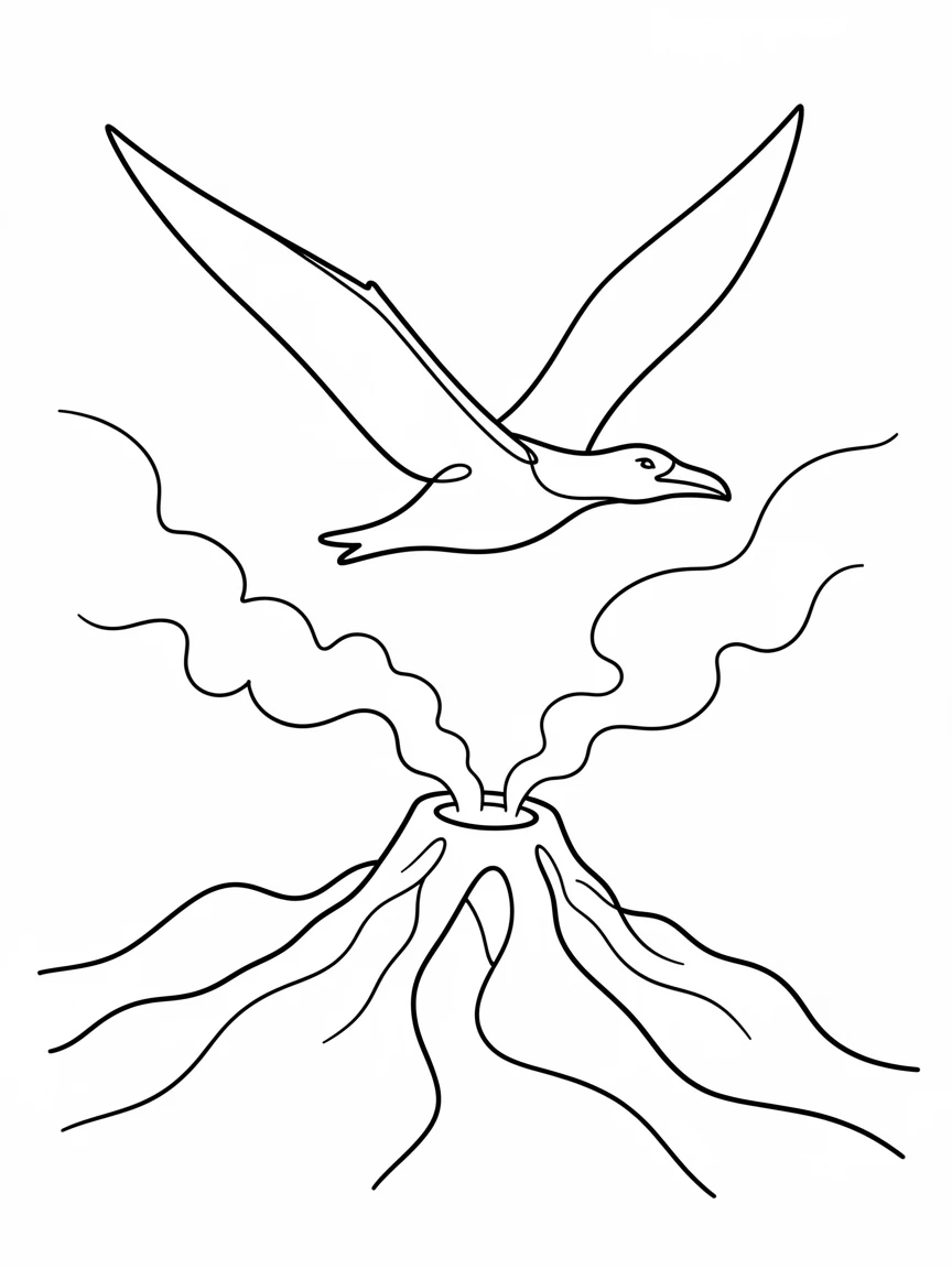A pterosaur soaring above a volcanic prehistoric landscape