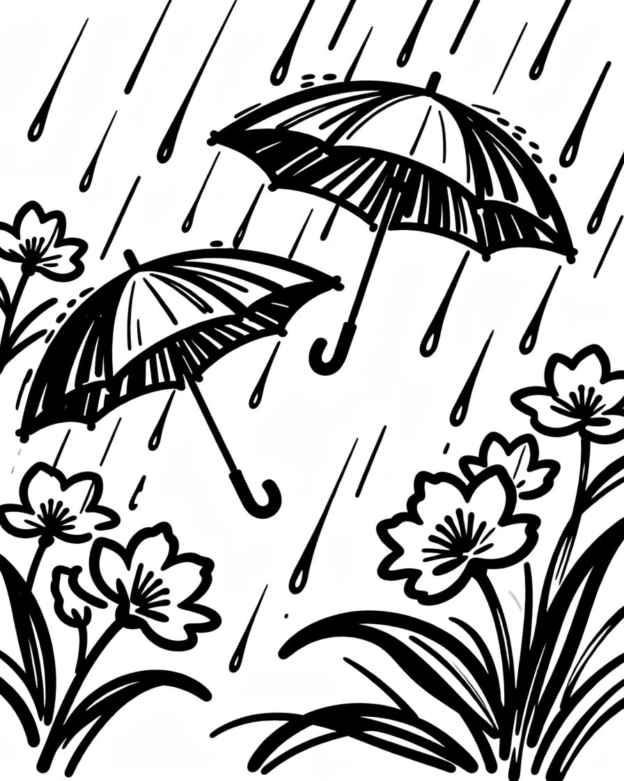 A spring rain scene with colorful umbrellas and blooming flowers.