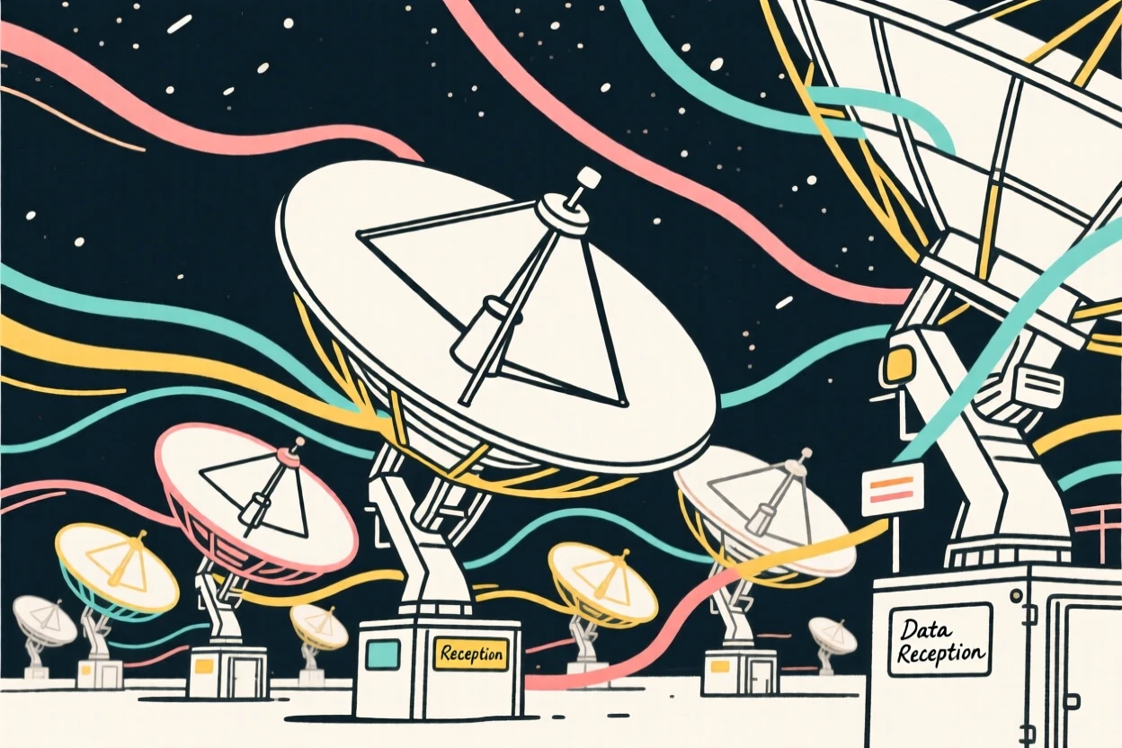 A satellite dish array pointed toward the night sky collecting data.