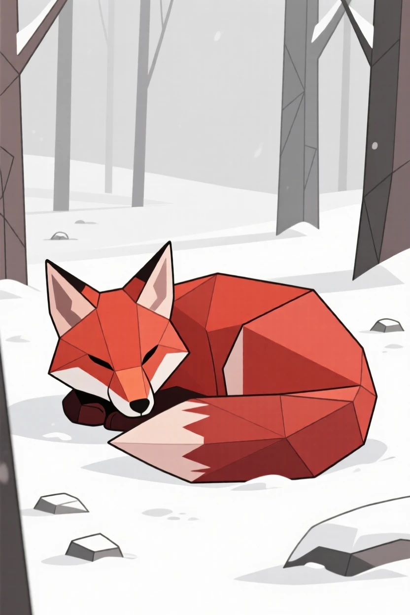 A red fox curled up in a snowy forest clearing