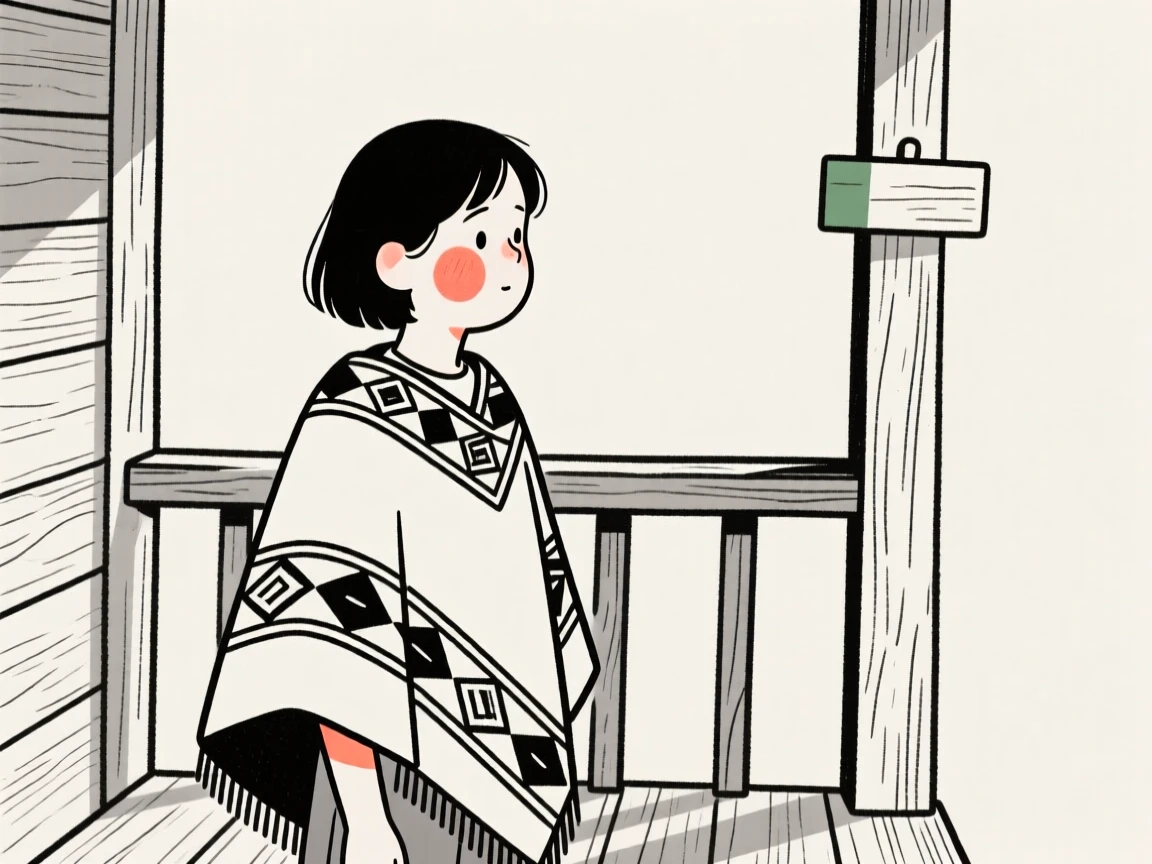 A shy teenager of Italian heritage wearing a Peruvian woven poncho, gazing thoughtfully into the distance, on a rustic wooden porch.