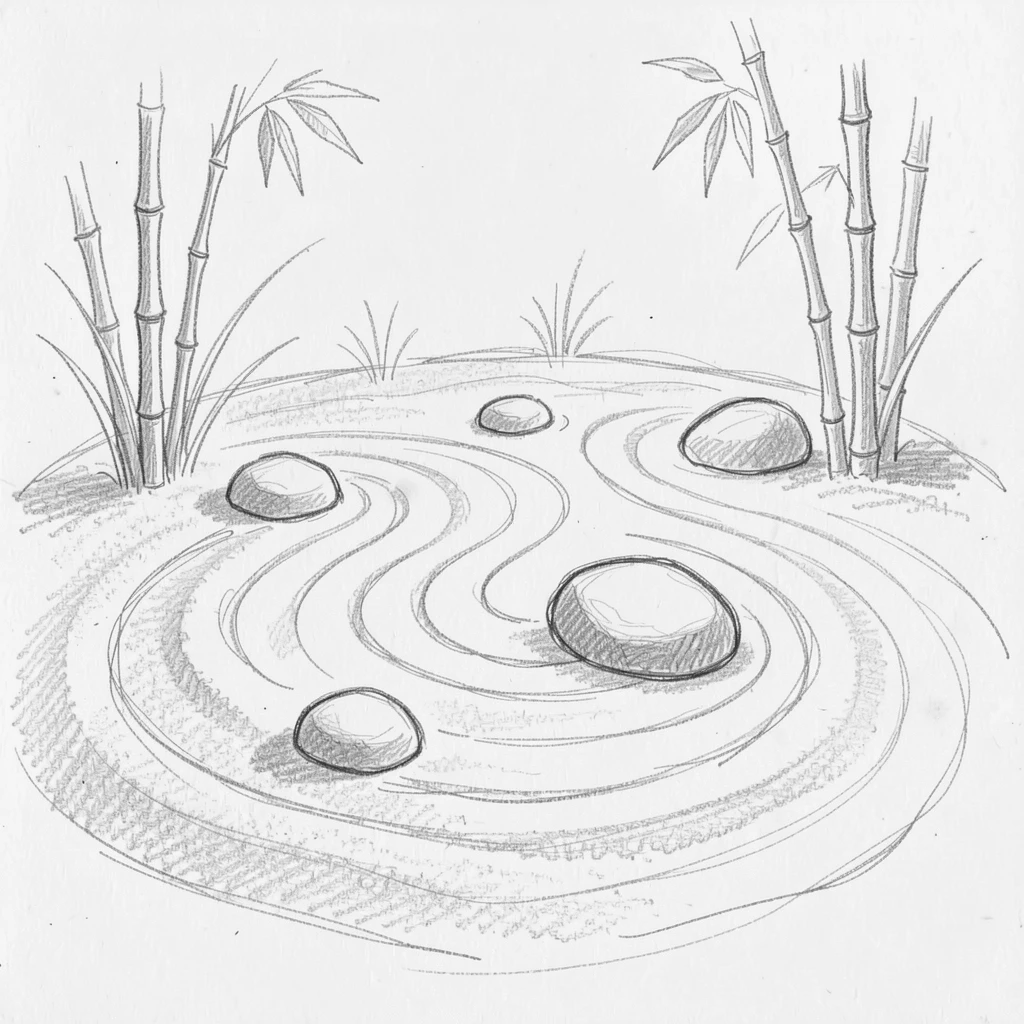 A serene, inspiring scene of a peaceful zen garden with raked sand and smooth stones, in a moment of total tranquility, evoking deep calm and clarity.