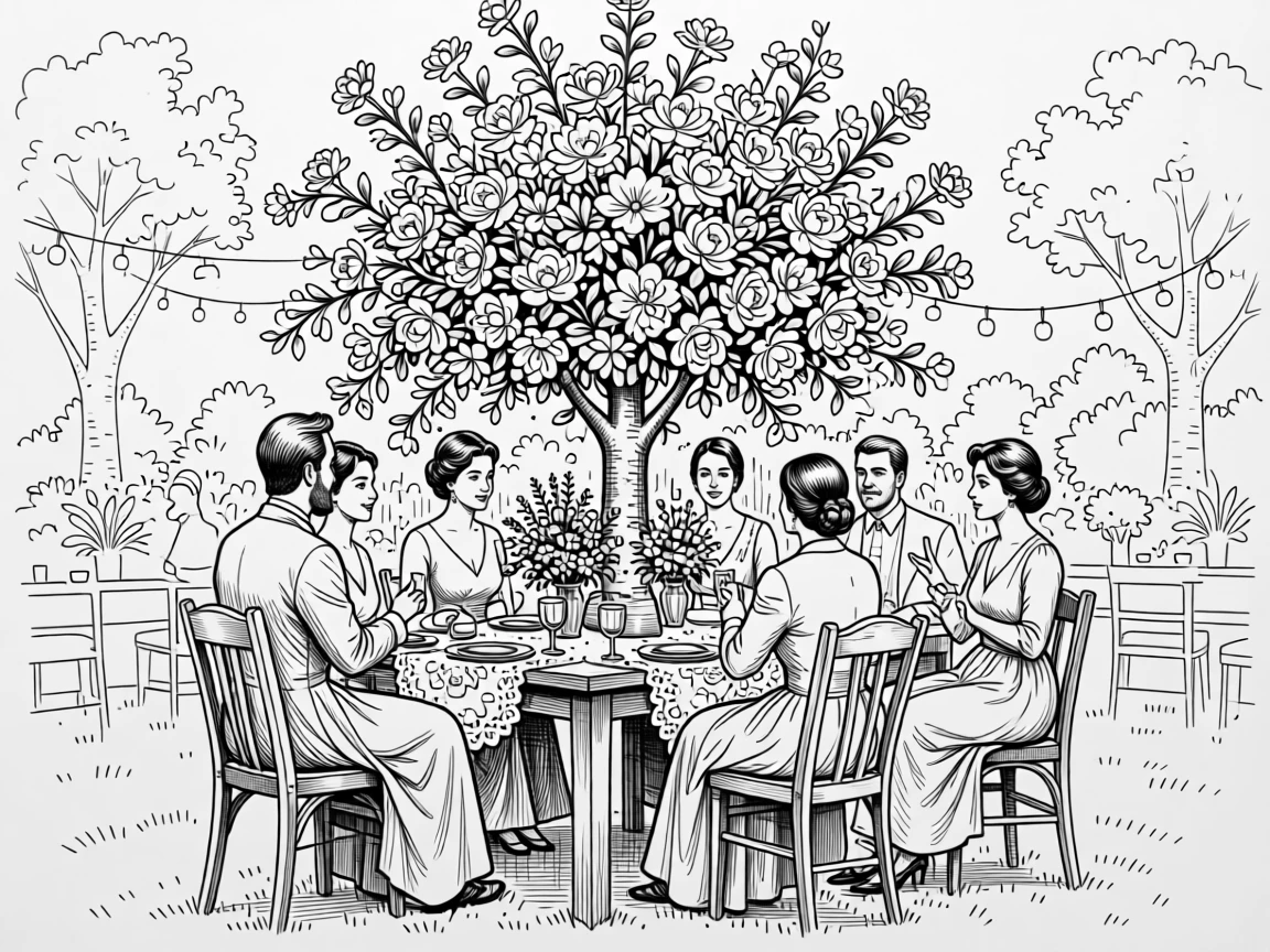 A festive garden party celebration with tables set beneath blooming trees.