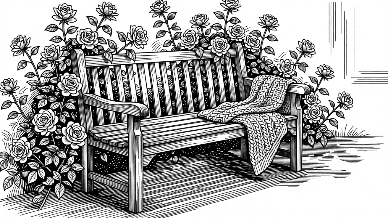 A garden bench surrounded by climbing roses as golden light stretches across the floor, with a soft knitted throw draped over the arm of a chair, evoking a softly meditative sense of calm.