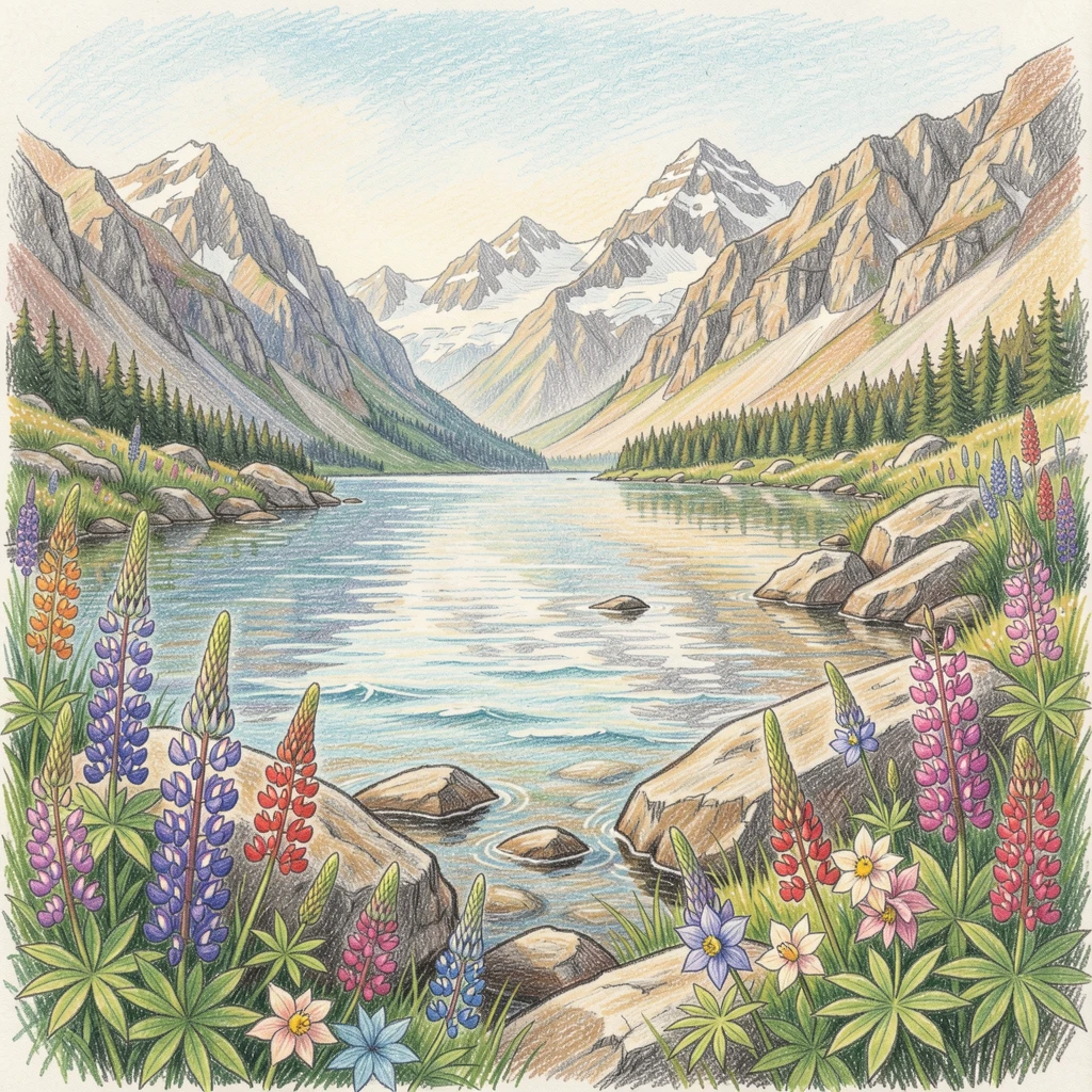 A Rocky Mountain alpine lake ringed by wildflowers in summer, with rich, inviting textures throughout the scene, capturing a quiet story that lingers with the viewer.