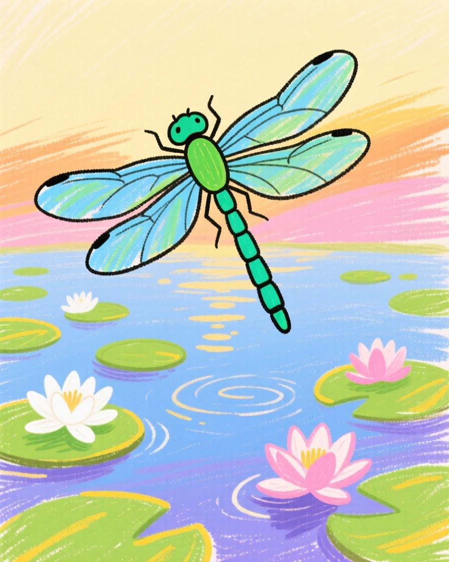 A dragonfly hovering above a still lily pond at dawn.