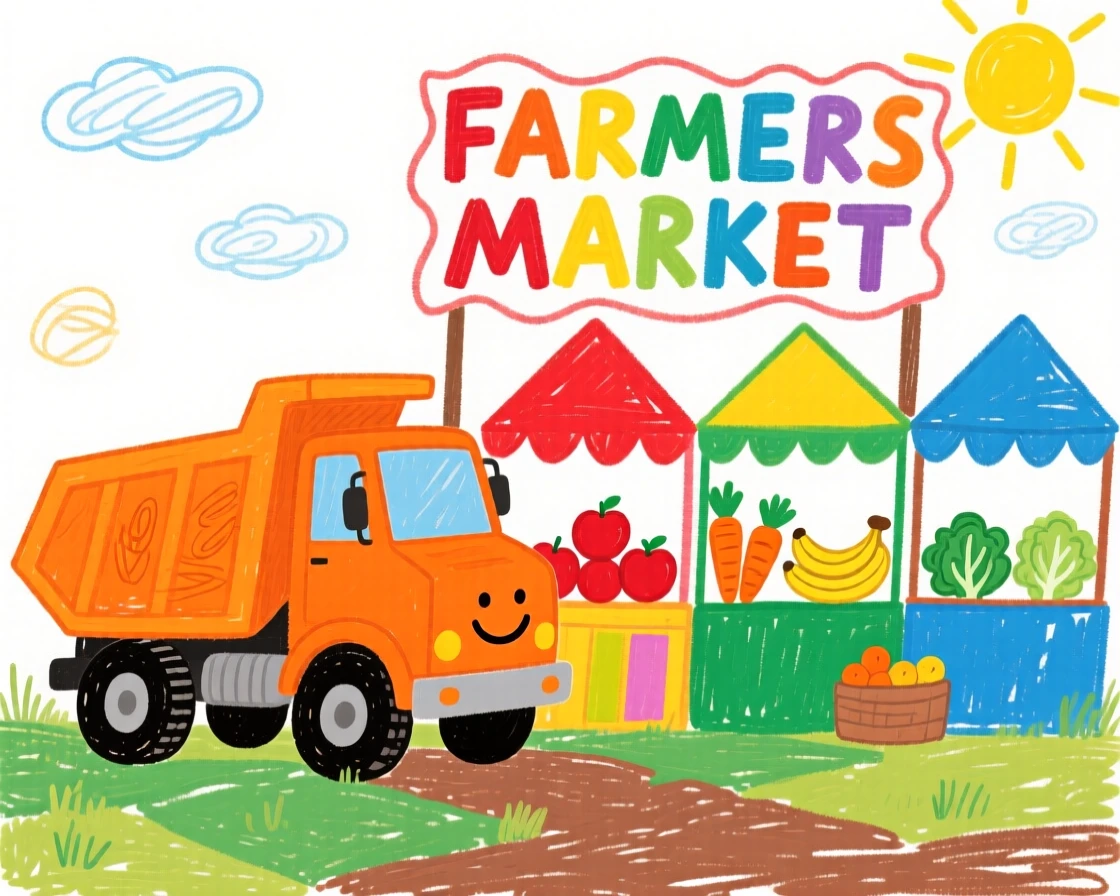 A bright orange dump truck parked beside a colorful farmers market.