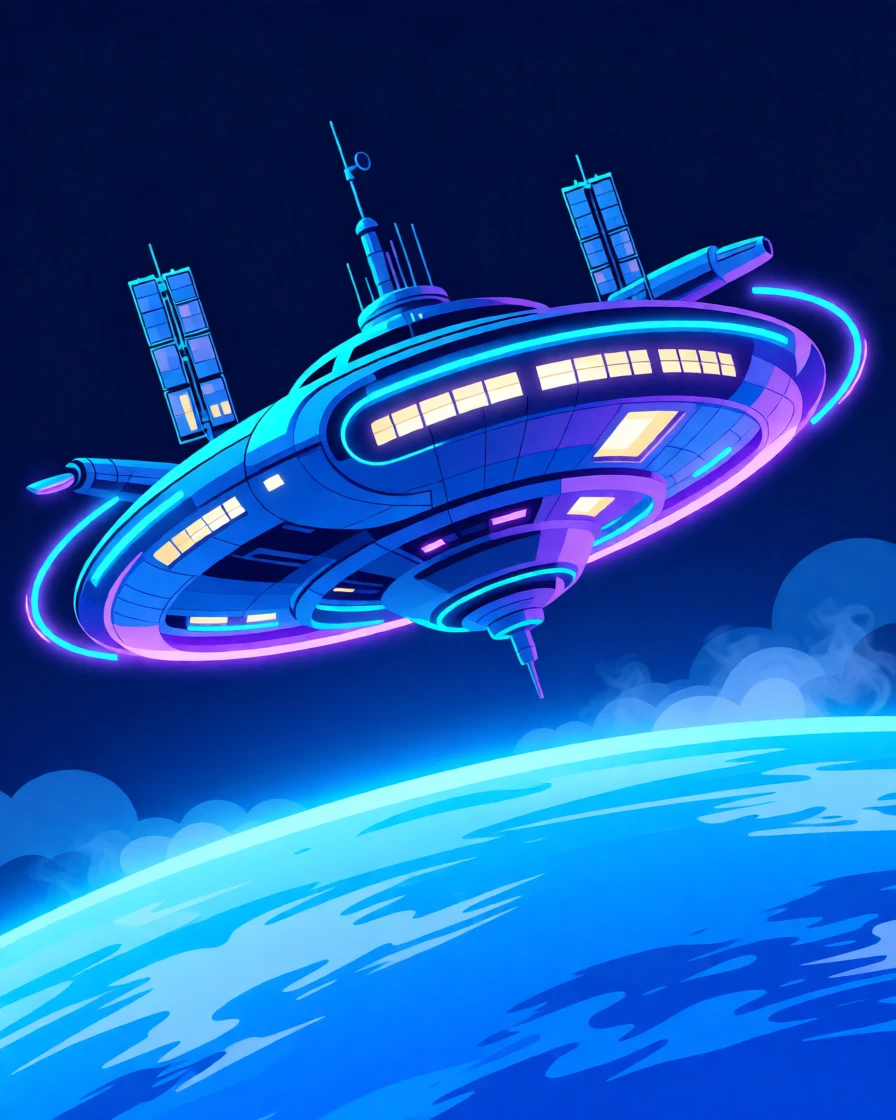 A futuristic space station floating above a blue planet, surrounded by soft glowing neon accents, framed from a striking low angle for a sense of scale, with a subtle sense of wonder about future possibilities.