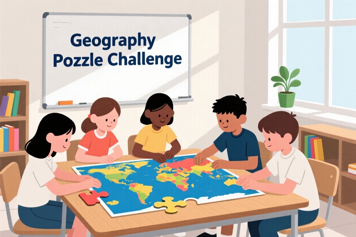 A group of students assembling a puzzle map in a bright classroom.