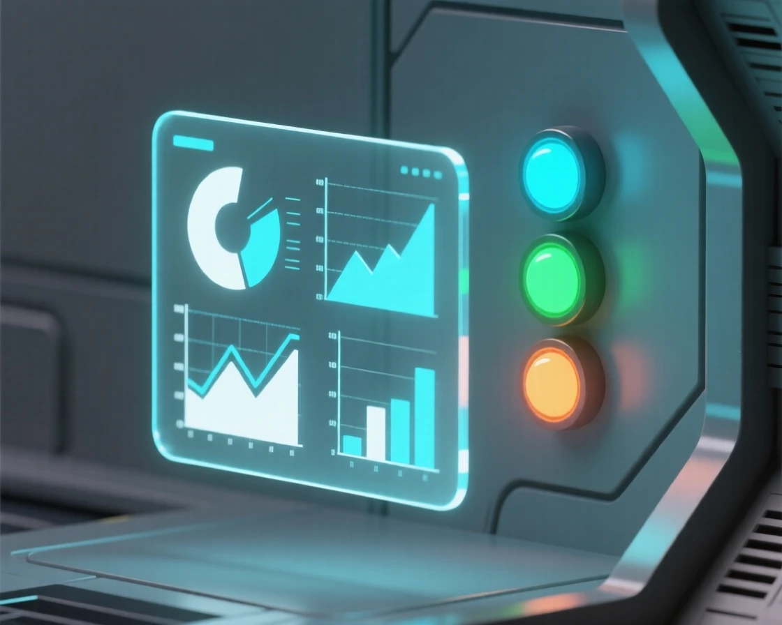 A view of holographic display in use operating within a research space station, near glowing indicator lights, evoking futuristic optimism.