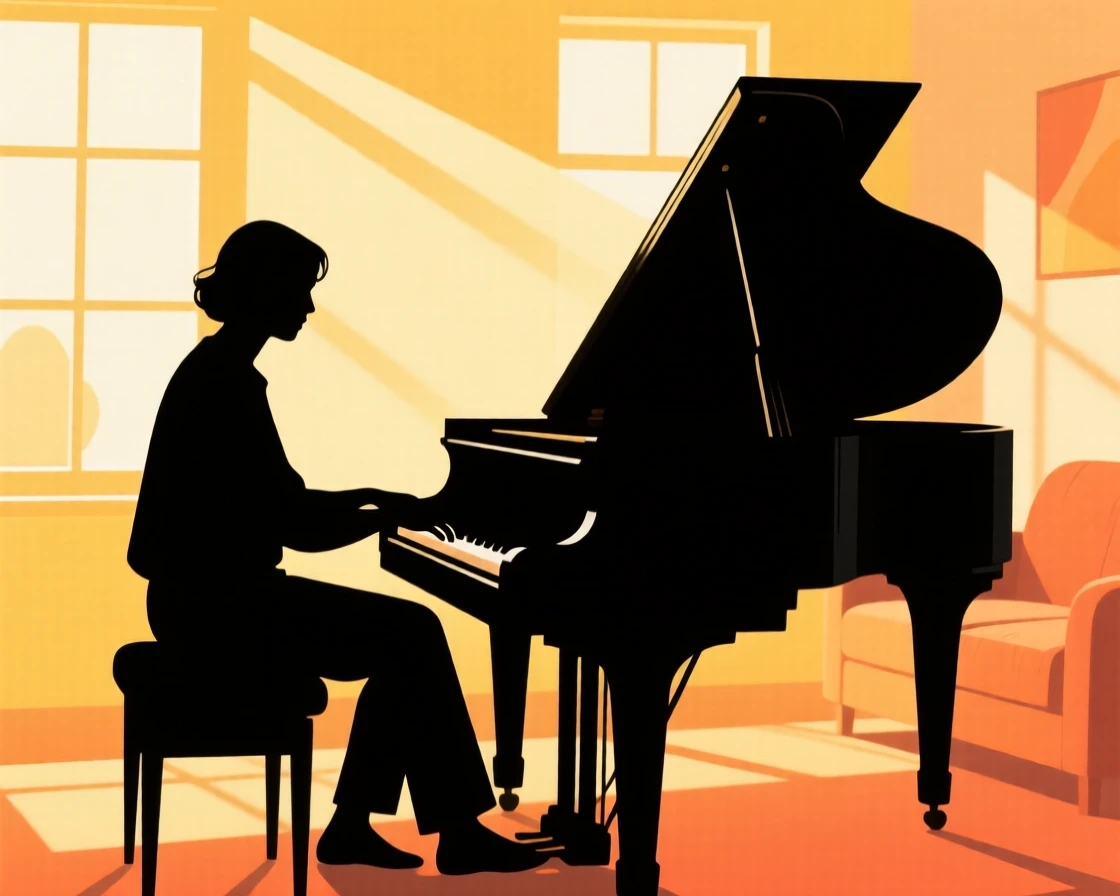 A person practicing piano in a quiet, sunlit living room.