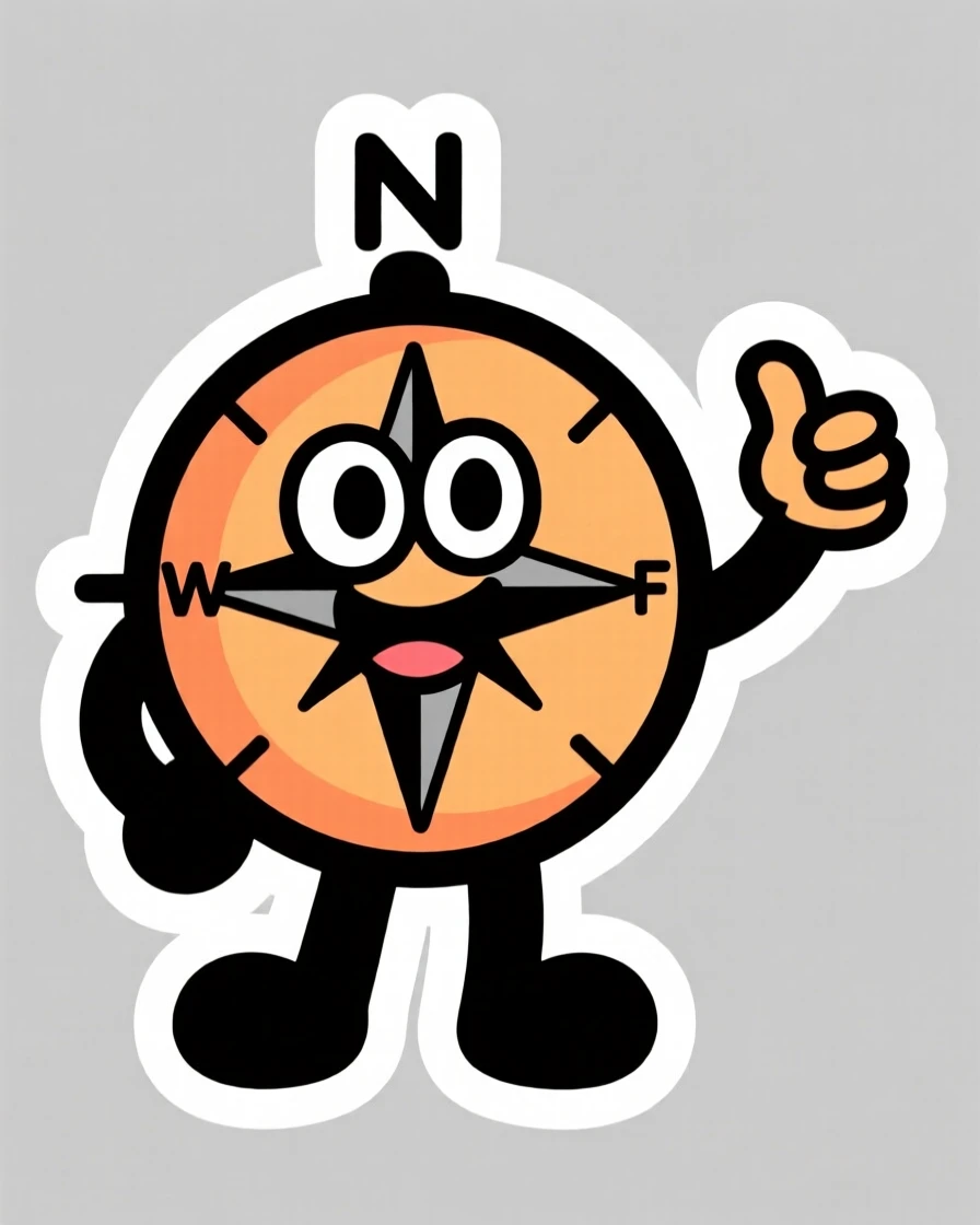 A warm and welcoming smiling cartoon compass teaching directions, giving an enthusiastic thumbs up, bringing a smile to young learners.