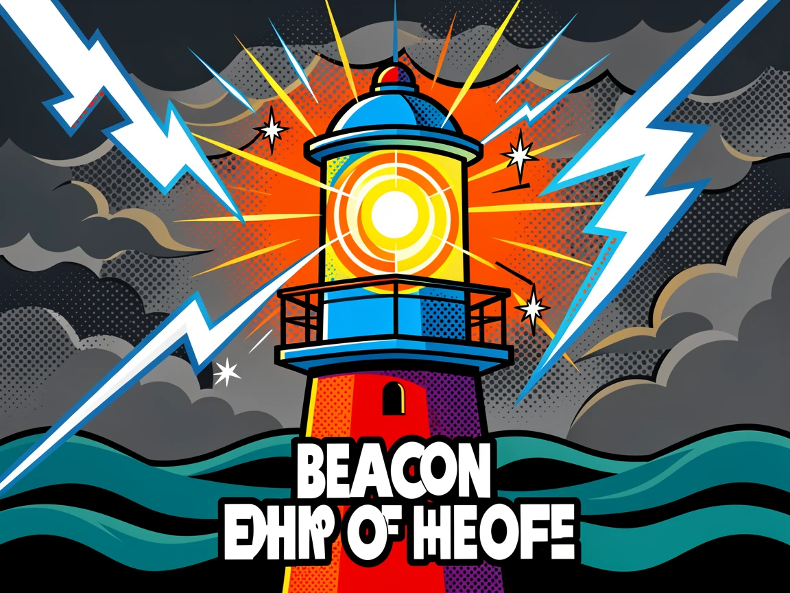 A lighthouse lamp lit against a stormy sky
