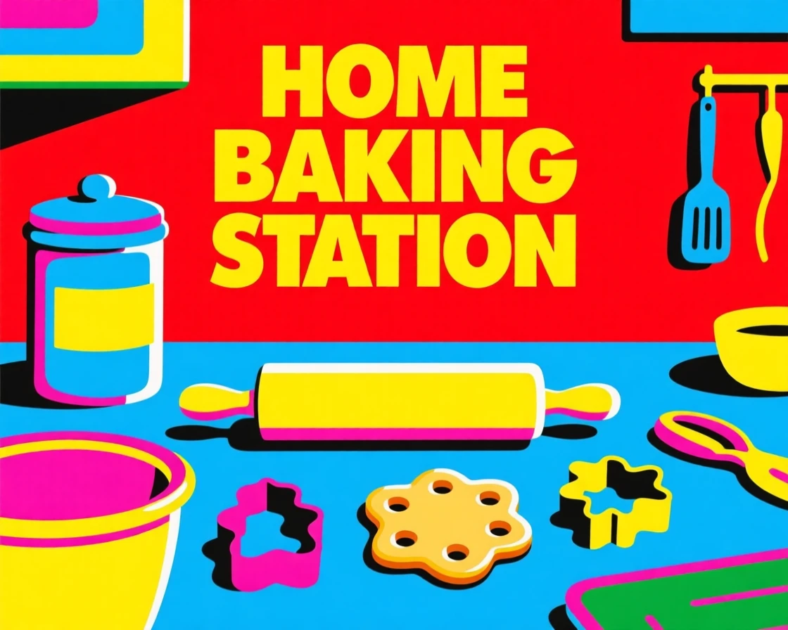Home baking station with a rolling pin and cookie cutters