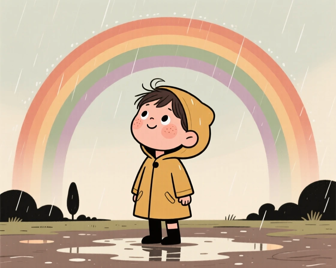 A young child looks up in quiet wonder at a rainbow after the rain, standing perfectly still as a feeling of gratitude settles over the scene.