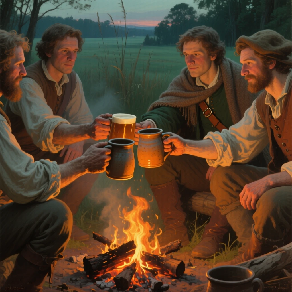 A tightly framed close-up of friends toasting with mugs of cider around a crackling campfire, in the American Midwest, in the age of sailing ships.