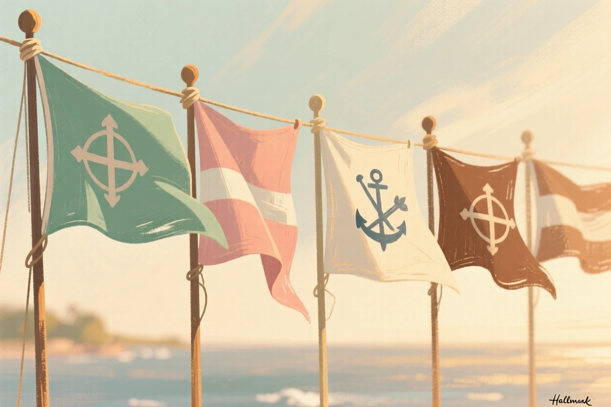 A set of nautical flags arranged in a colorful row