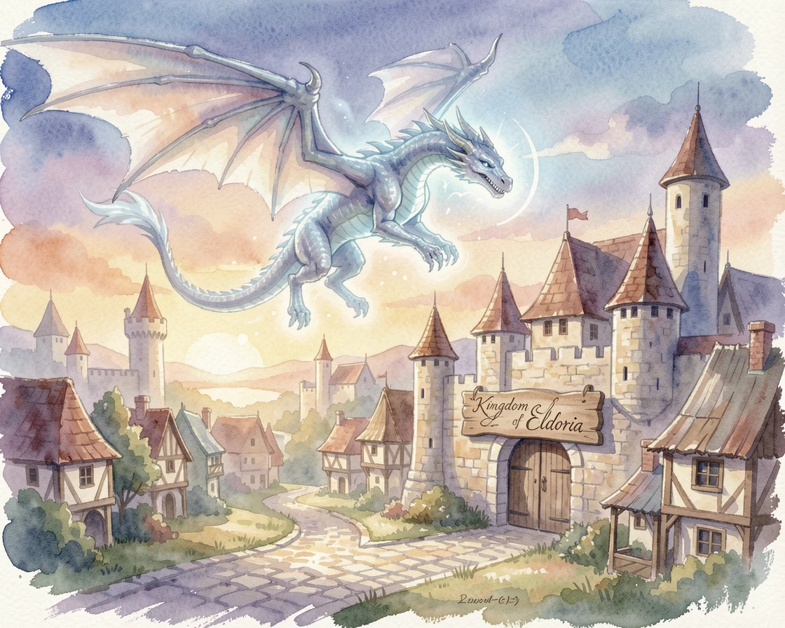 A dragon soaring above a medieval kingdom with a gentle magical glow illuminating the scene.