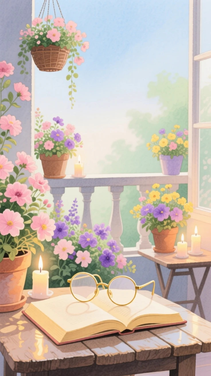 A charming view of a flower-filled balcony, with candles flickering on every surface, featuring a pair of reading glasses resting on an open book