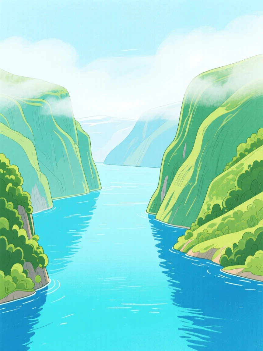 A sweeping view of a quiet fjord between steep green cliffs under a soft blanket of fog.