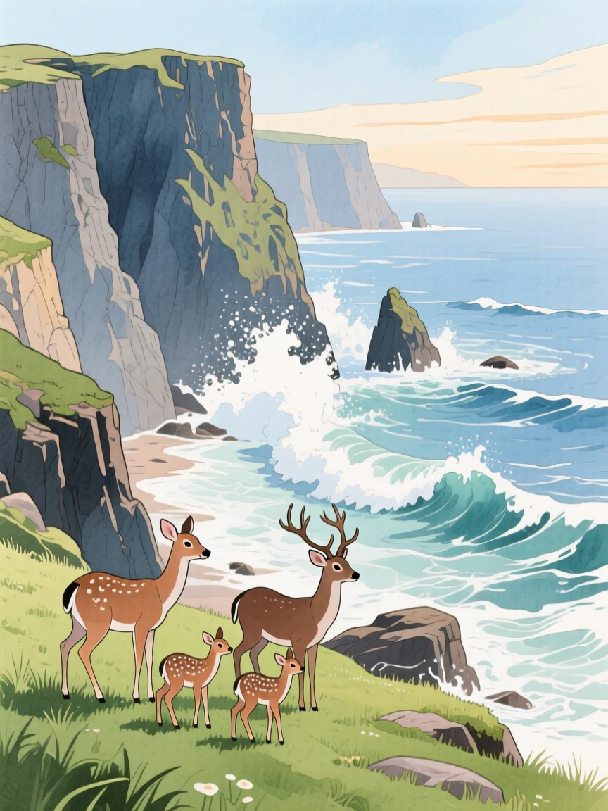 A dramatic coastline with cliffs meeting crashing waves, with a family of deer grazing quietly nearby, filled with quiet majesty and stillness.